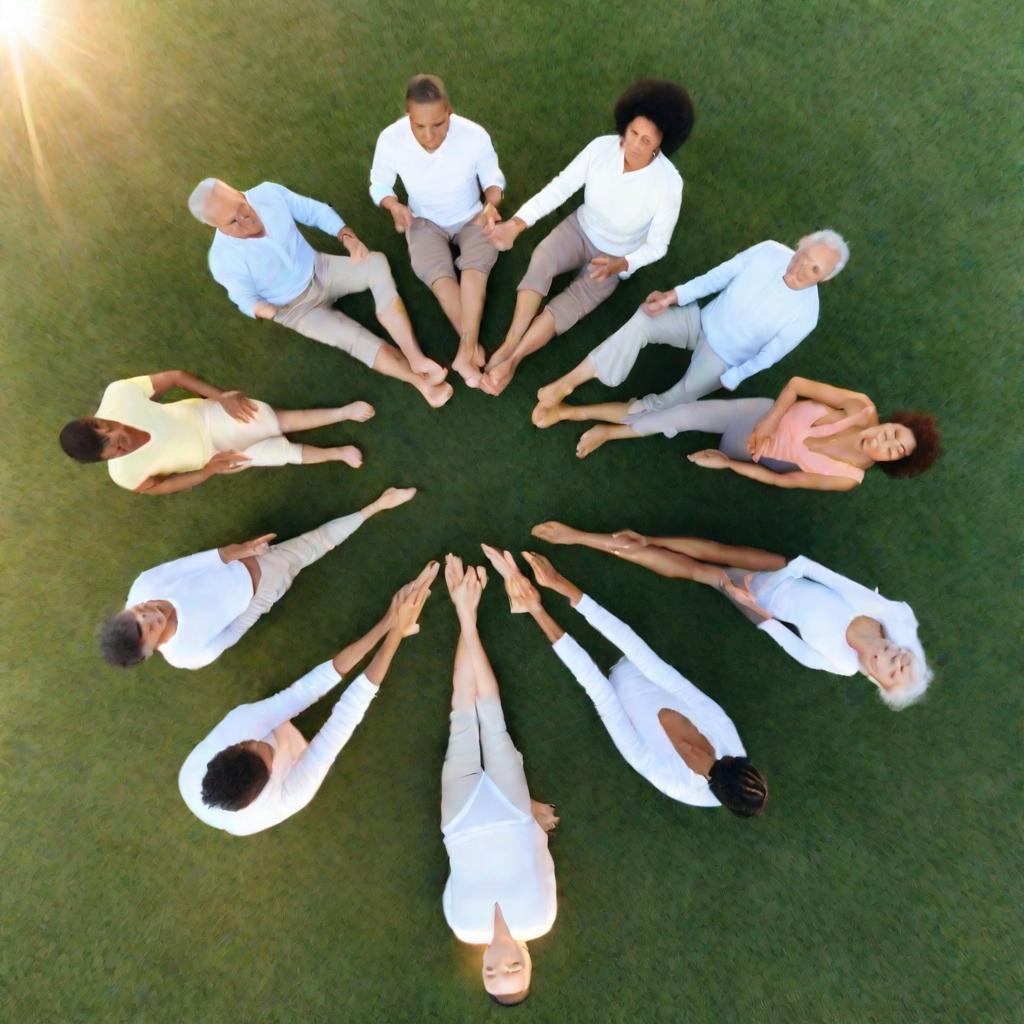 Группа людей делает йогу для глаз на траве на рассвете