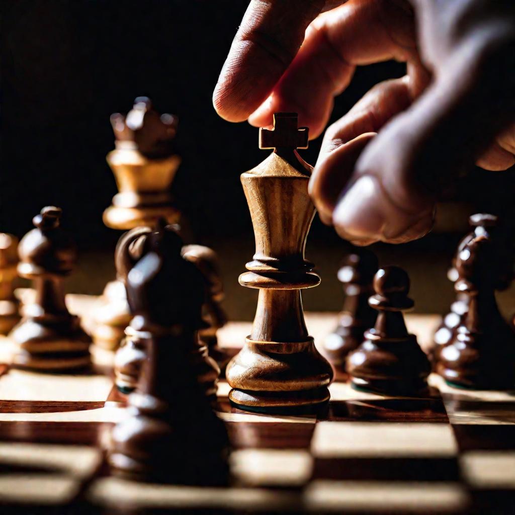 Съемка крупным планом шахматной фигуры, которую рука передвигает по шахматной доске во время напряженной шахматной партии. Шахматная фигура четкая и в фокусе, в то время как рука и доска мягко размыты. Драматичность создается видимым напряжением в мышцах 