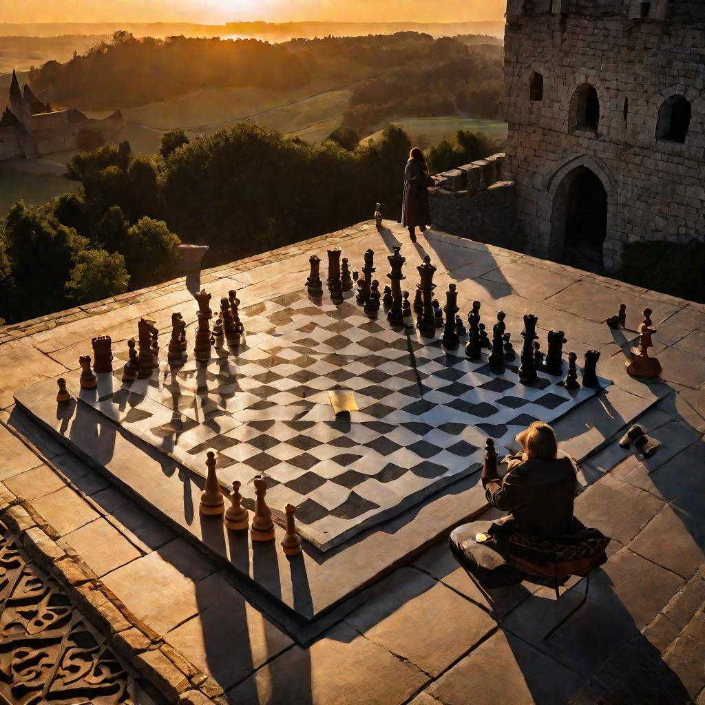 Живописный вид сверху на двух людей, играющих в шахматы за каменным шахматным столом на открытом воздухе, средневековый замок на заднем плане. Шахматная доска сделана из каменных квадратов со замысловатым резным узором. Два шахматиста - маленькие фигурки,