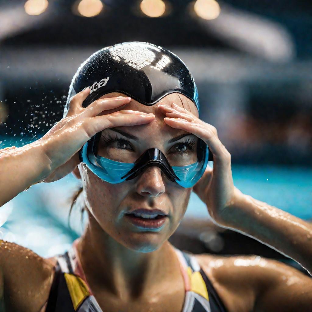 Крупный портрет пловчихи, выходящей из бассейна после заплыва. С ее лица и волос стекает вода, пока она снимает очки. В глазах пылает спортивный азарт и торжество победы. Ее выражение - усталость, но решимость двигаться дальше.
