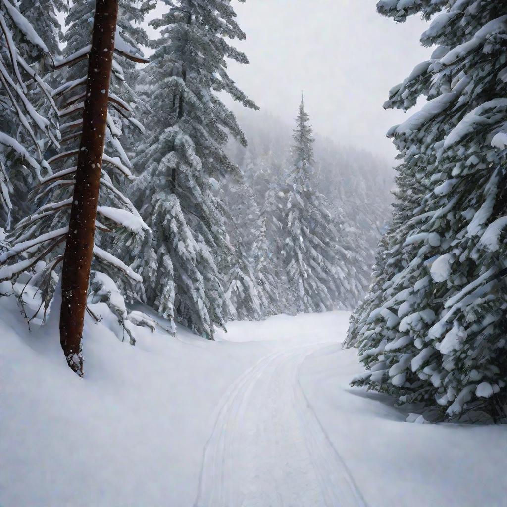 Панорамный вид заснеженного зимнего леса. Крупные снежинки мягко падают, покрывая вечнозеленые деревья свежим белым снегом. Тропинка сквозь лес тиха и безмолвна, единственный звук - спокойное дыхание спортсмена, передвигающегося на лыжах по этому пейзажу.