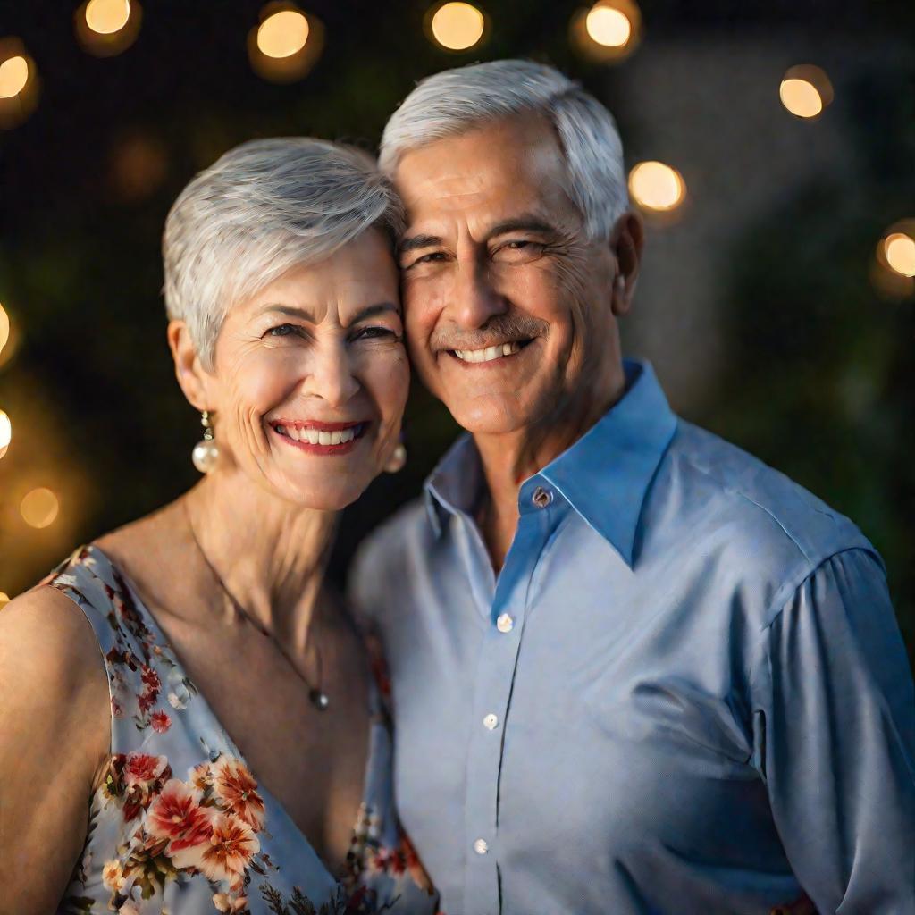 Крупным планом портрет улыбающейся пожилой пары в день их 28-ой годовщины свадьбы.