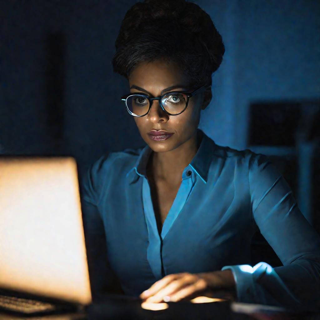 Портрет женщины, работающей за ноутбуком дома в темноте