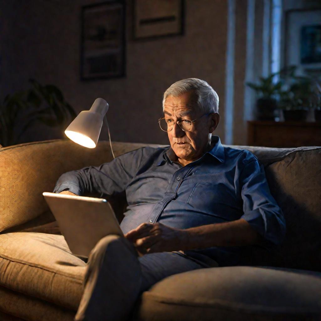 Пожилой мужчина обновляет планшет дома