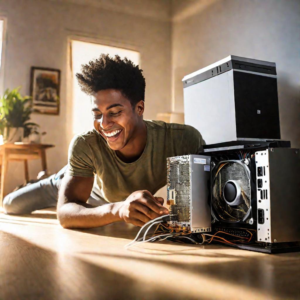 Портрет: молодой человек устанавливает новый процессор в системный блок ПК