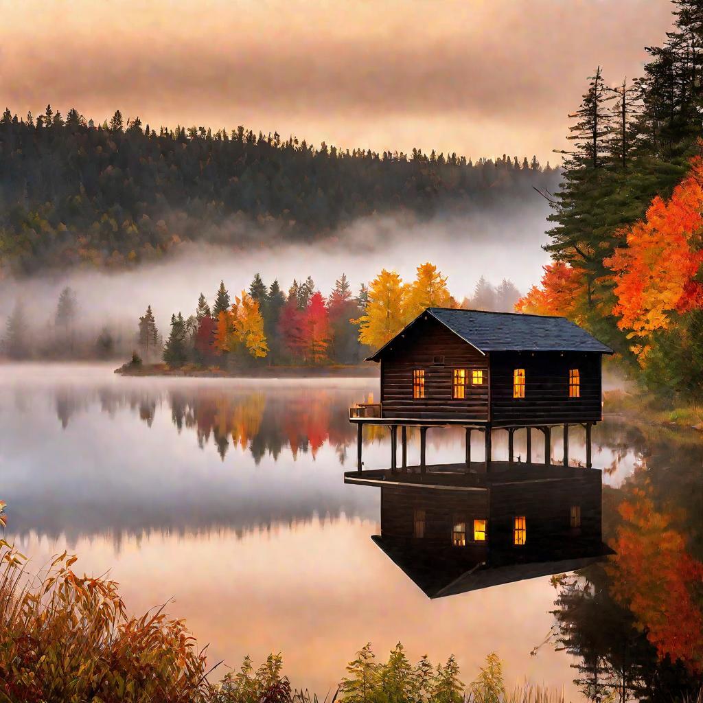Осенний пейзаж у озера в тумане. На бревне лежит процессор.