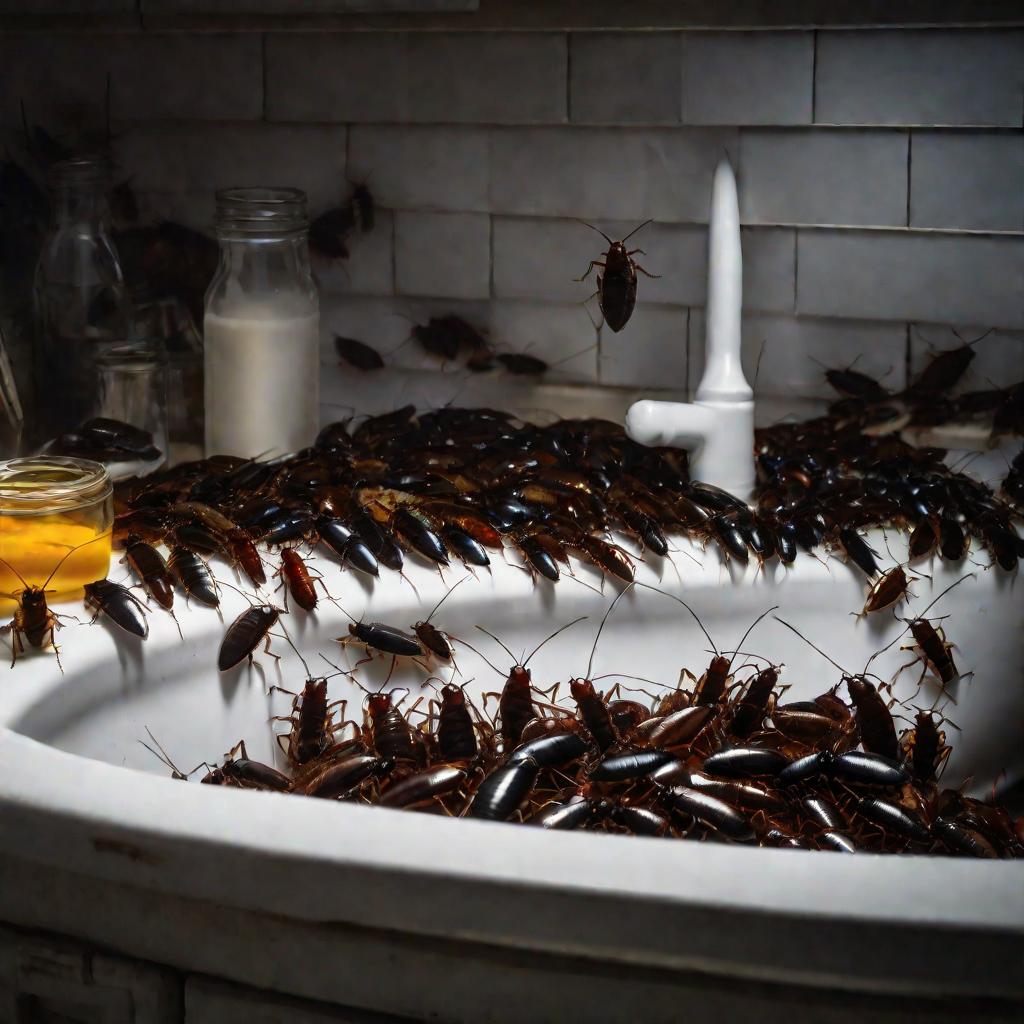 Тараканы ночью ползают по грязной кухне