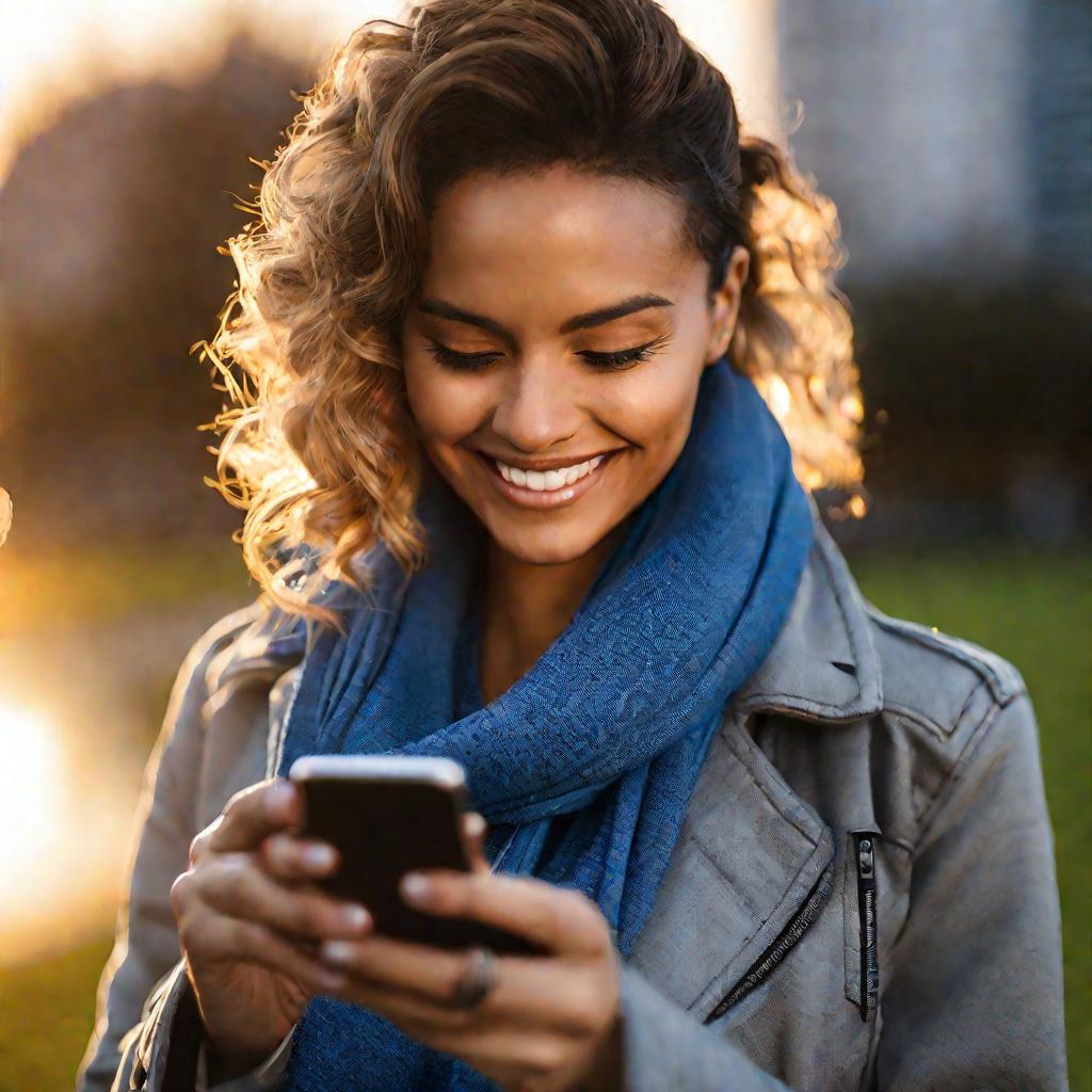 Женщина смотрит в смартфон на улице в золотые часы заката и улыбается