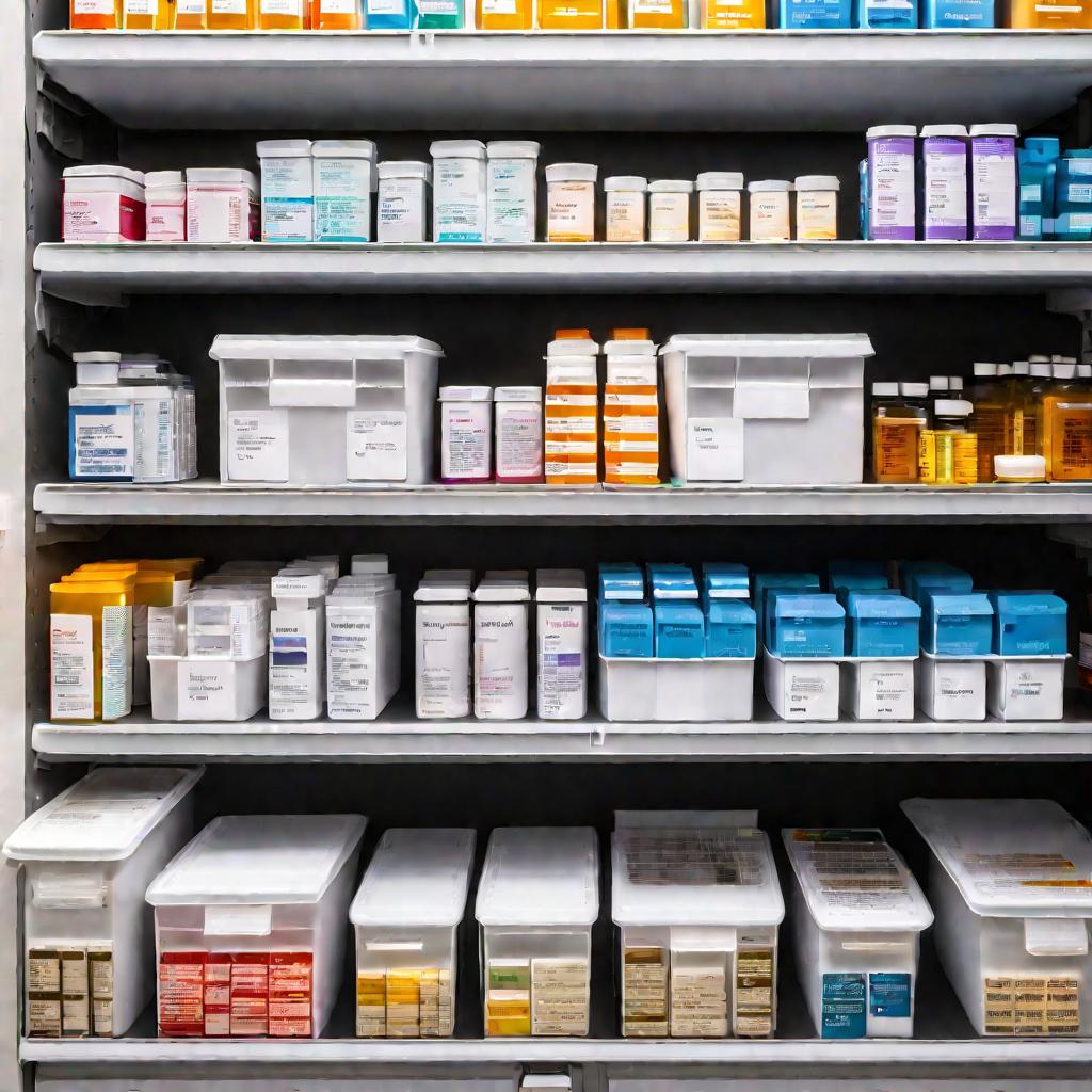 Вид сверху на аккуратно разложенные по пластиковым коробкам лекарства на полках аптеки. Освещение яркое, клиническое. На коробках видны этикетки с названиями лекарств