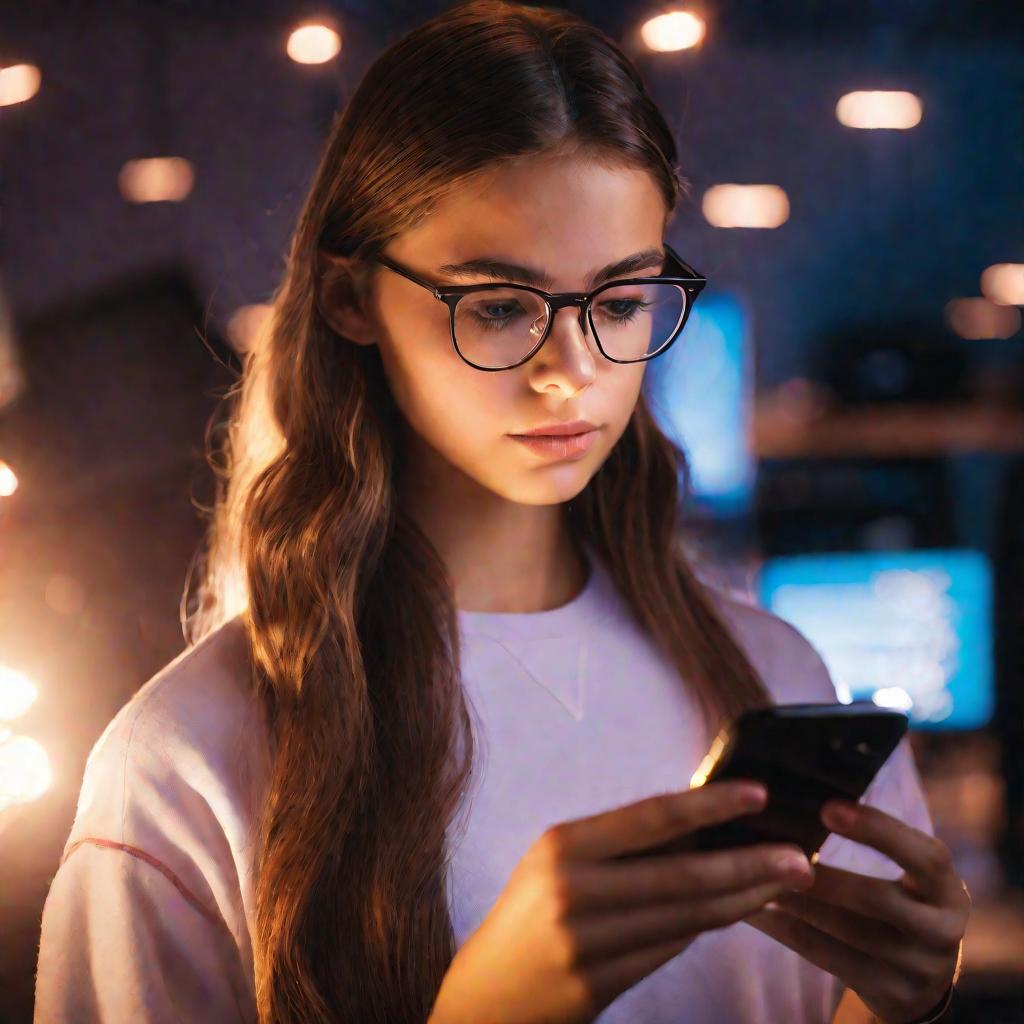 Девушка-подросток в очках анализирует статистику по репостам в тикток на телефоне