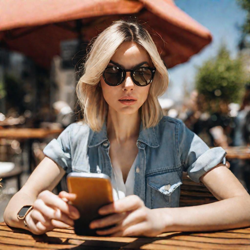 Женщина подозрительно всматривается в экран своего смартфона на солнечной уличной веранде кафе, тщательно проверяя сайт на признаки мошенничества.