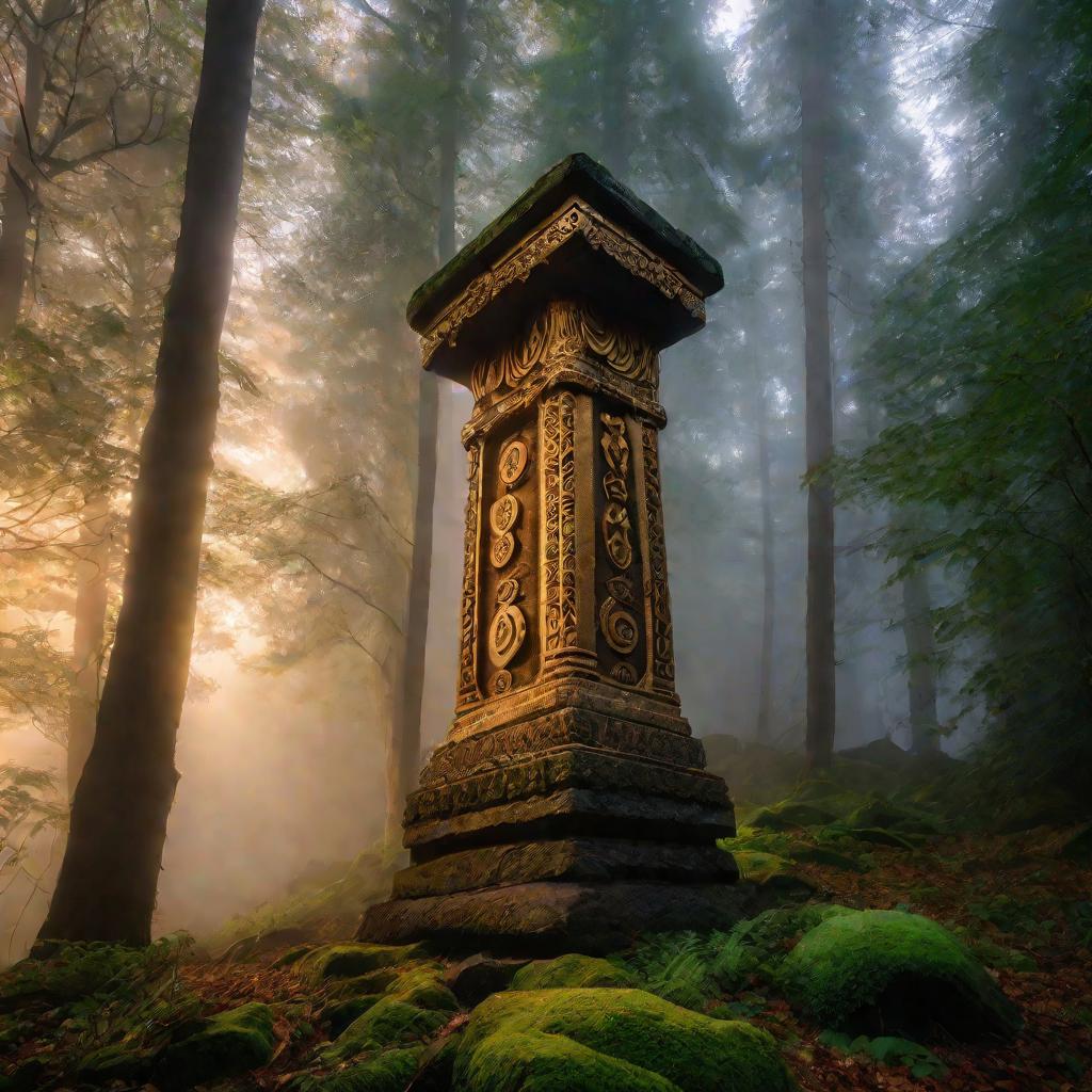 Древний каменный столб в лесу на рассвете