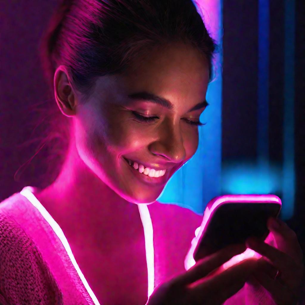 Портрет девушки, светящейся от экрана телефона