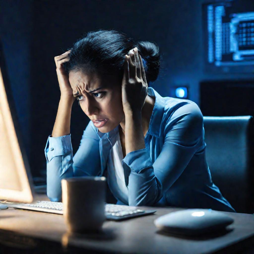 Портрет расстроенной женщины за компьютером