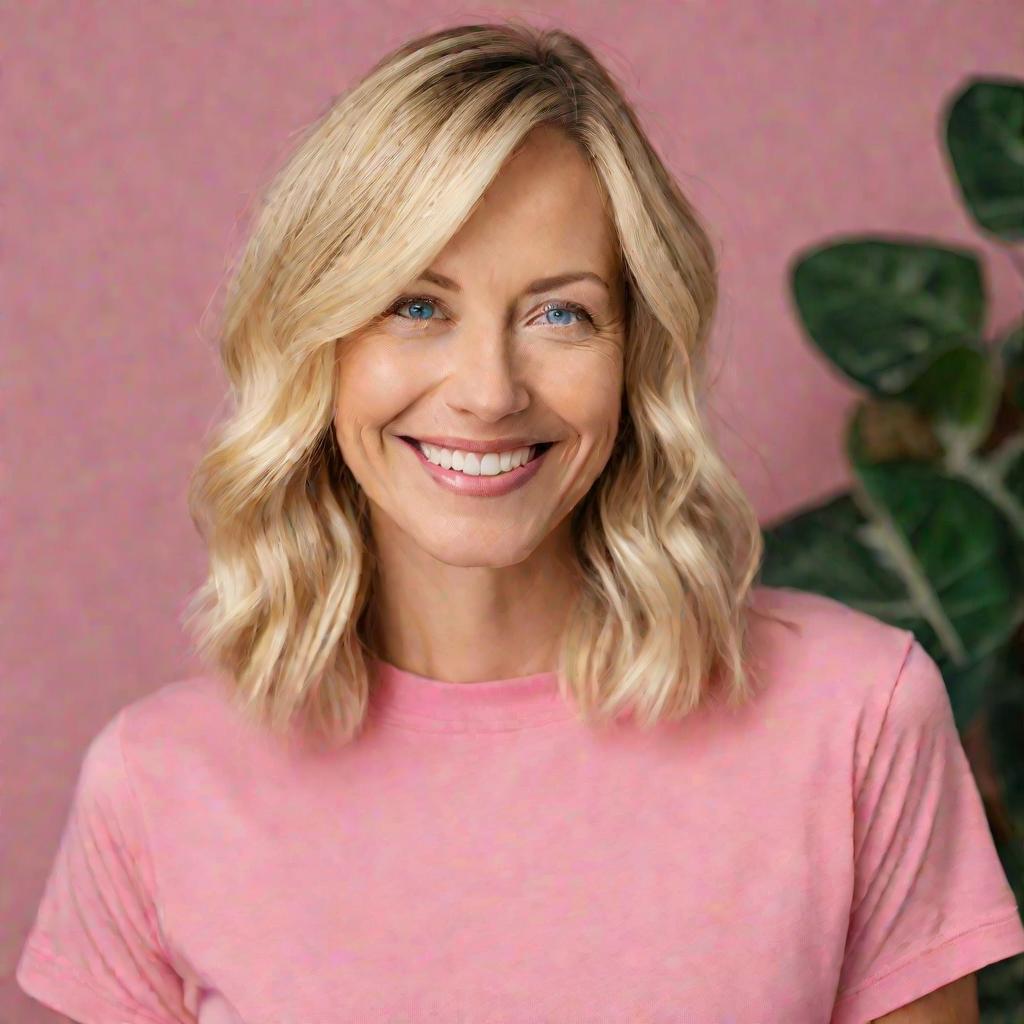 Портрет улыбающейся блондинки в розовой футболке