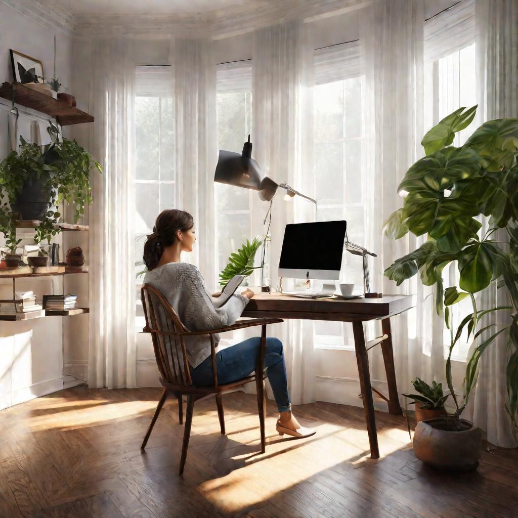 Женщина работает на ноутбуке в светлом уютном домашнем офисе