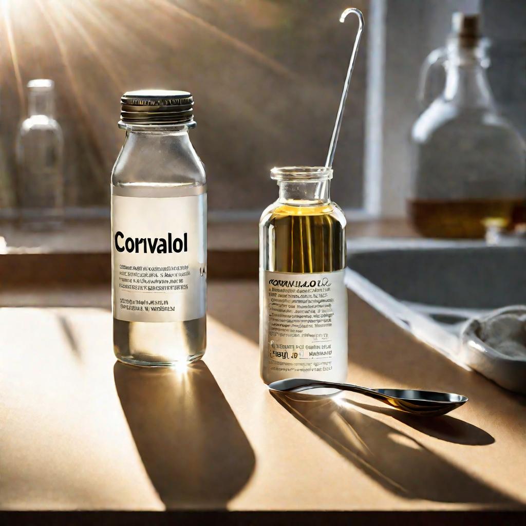 Бутылка корвалола и ложка на кухонном столе в солнечном свете