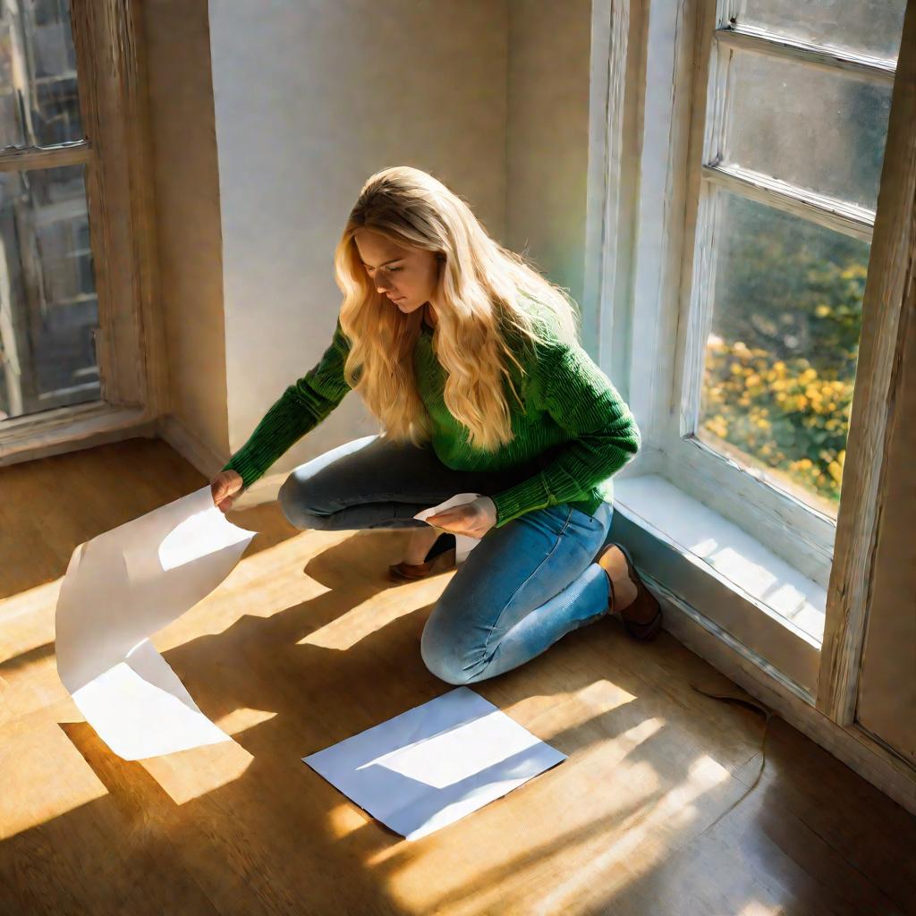 Девушка проводит тест герметичности окна листом бумаги