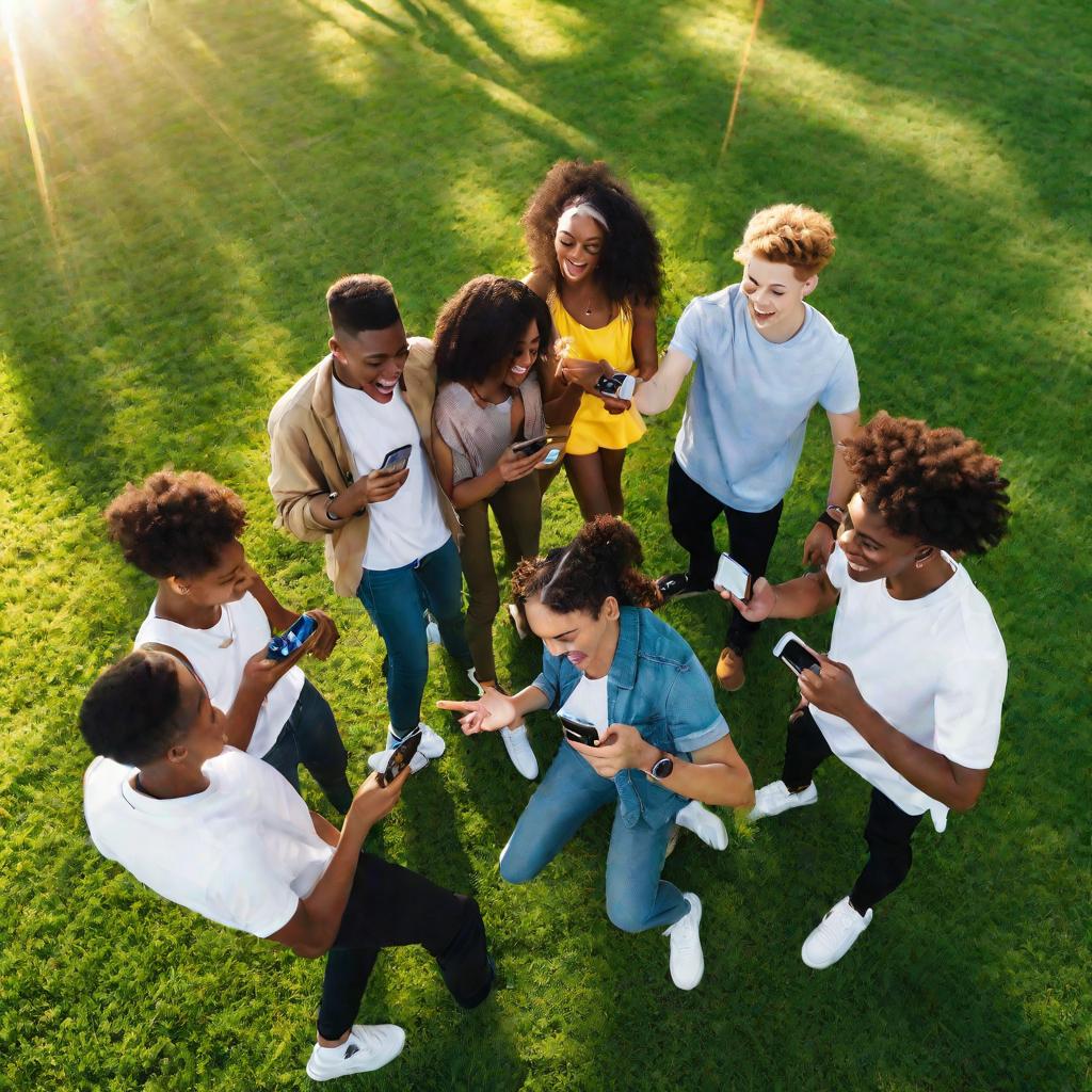 Группа подростков снимает танцевальное видео на телефоны в парке