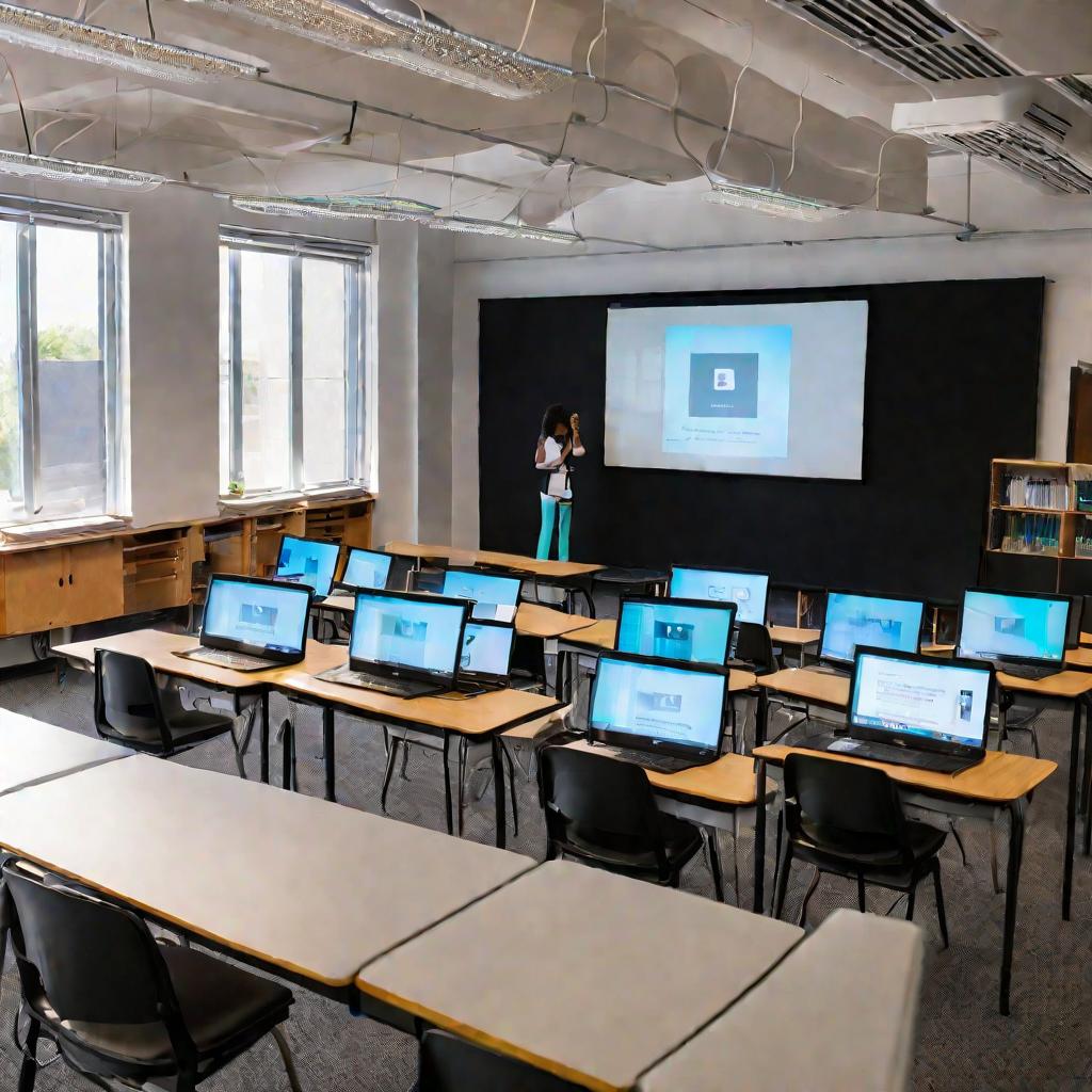 Пустой класс во время онлайн-урока с виртуальными учениками на экране