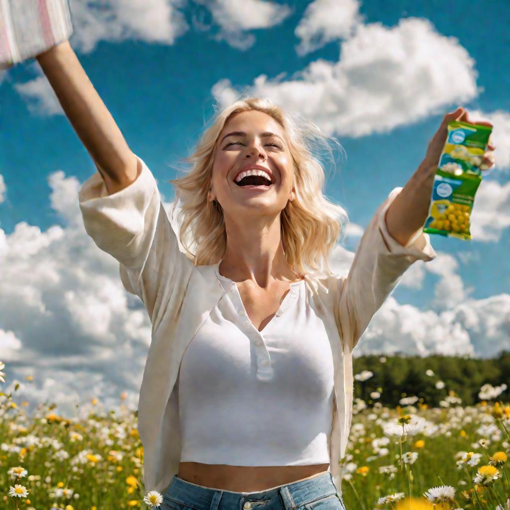 Девушка держит упаковку таблеток против спазмов Но-шпа на фоне голубого неба