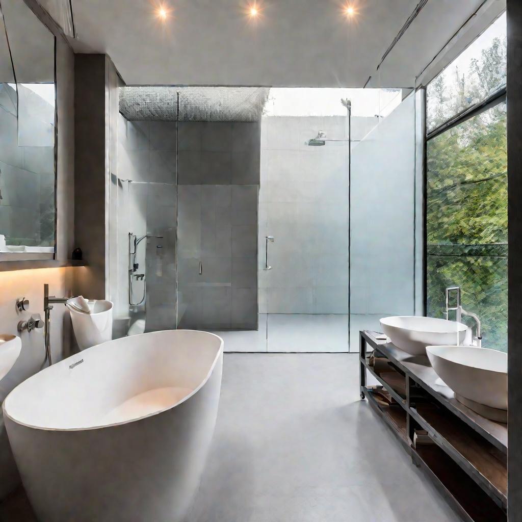 Современная ванная комната с плиткой светло-серого цвета и широкой безрамной душевой кабиной, загерметизированной прозрачным силиконом. Утренний свет проникает через окно, отражаясь от металлических приборов и белой керамики.