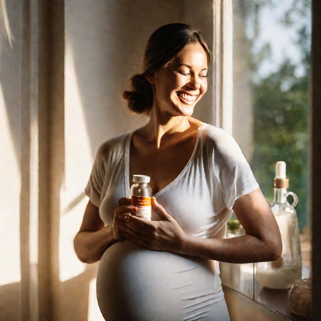 Беременная женщина с бутылкой препарата железа