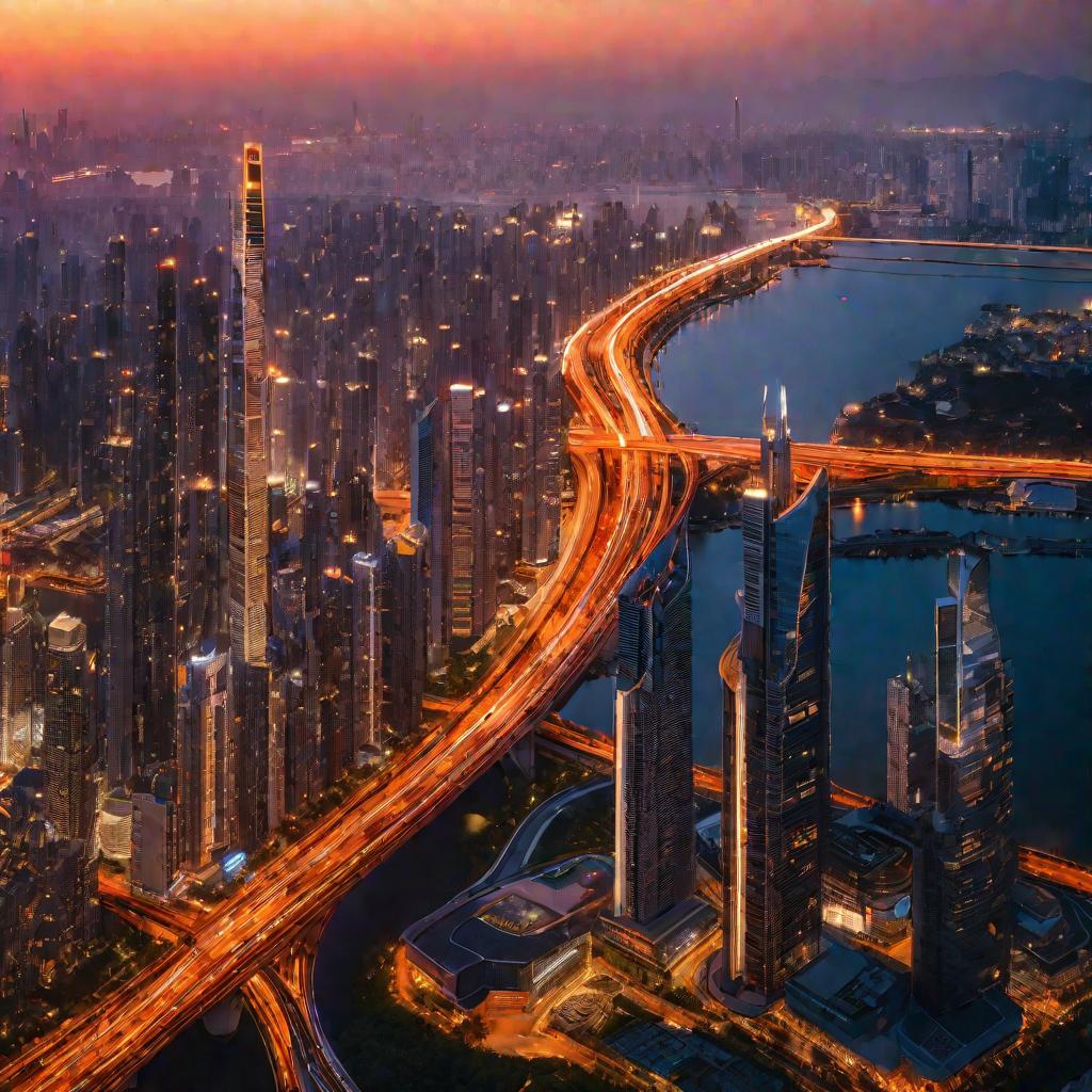 Вид на современный город на закате