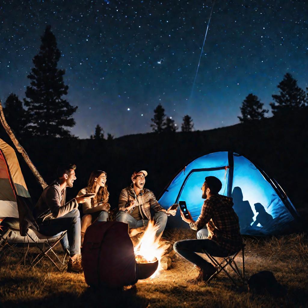 Друзья видеочатятся ночью у костра в палаточном лагере