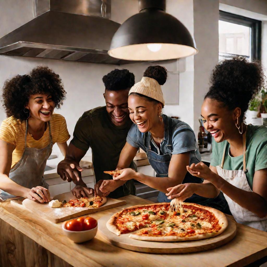 Друзья готовят пиццу на кухне