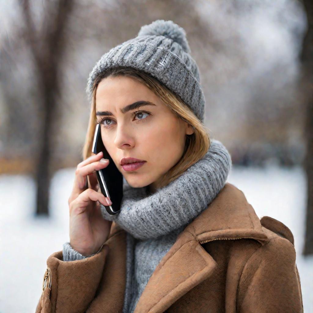 Портрет молодой женщины, разговаривающей по мобильному телефону на улице зимой