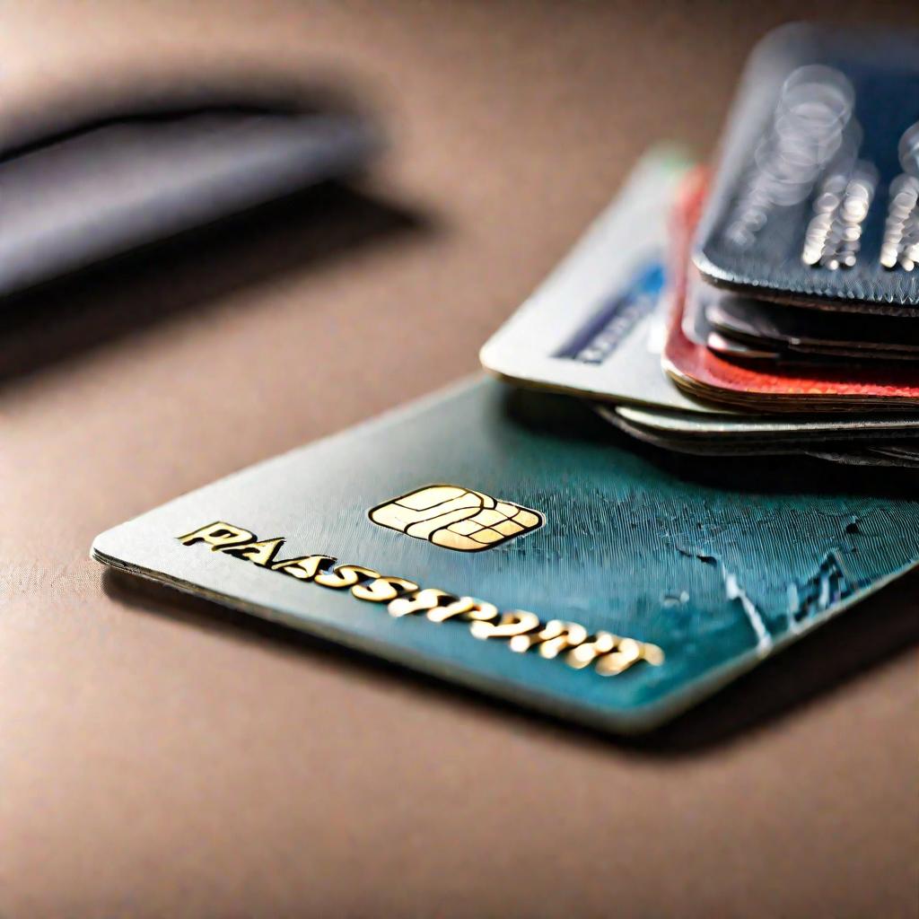 Поврежденная согнутая кредитная карта и уголок паспорта на рабочем столе.