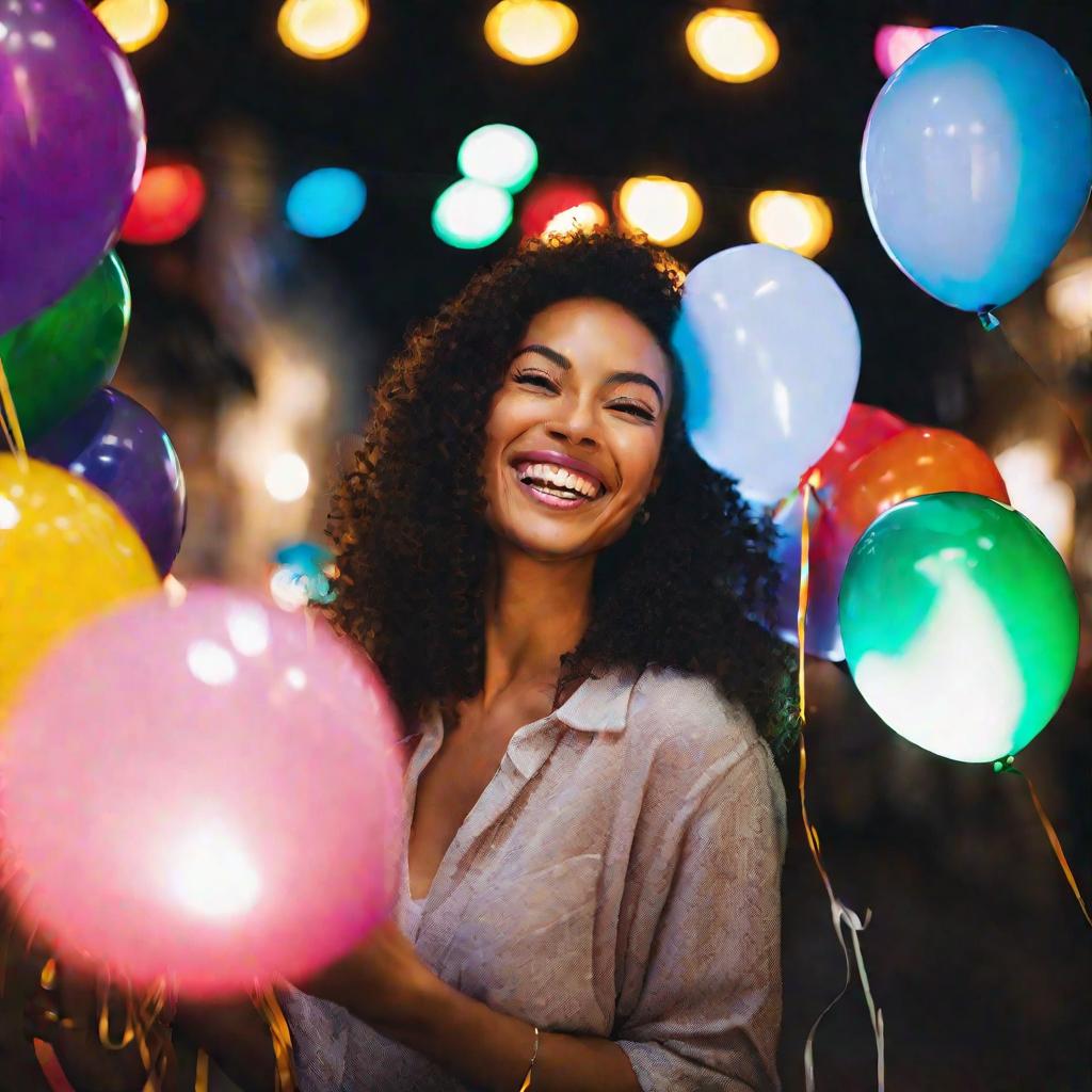 Крупный план лица улыбающейся женщины с разноцветными воздушными шарами в руках на фоне ночной иллюминации магазина игрушек.