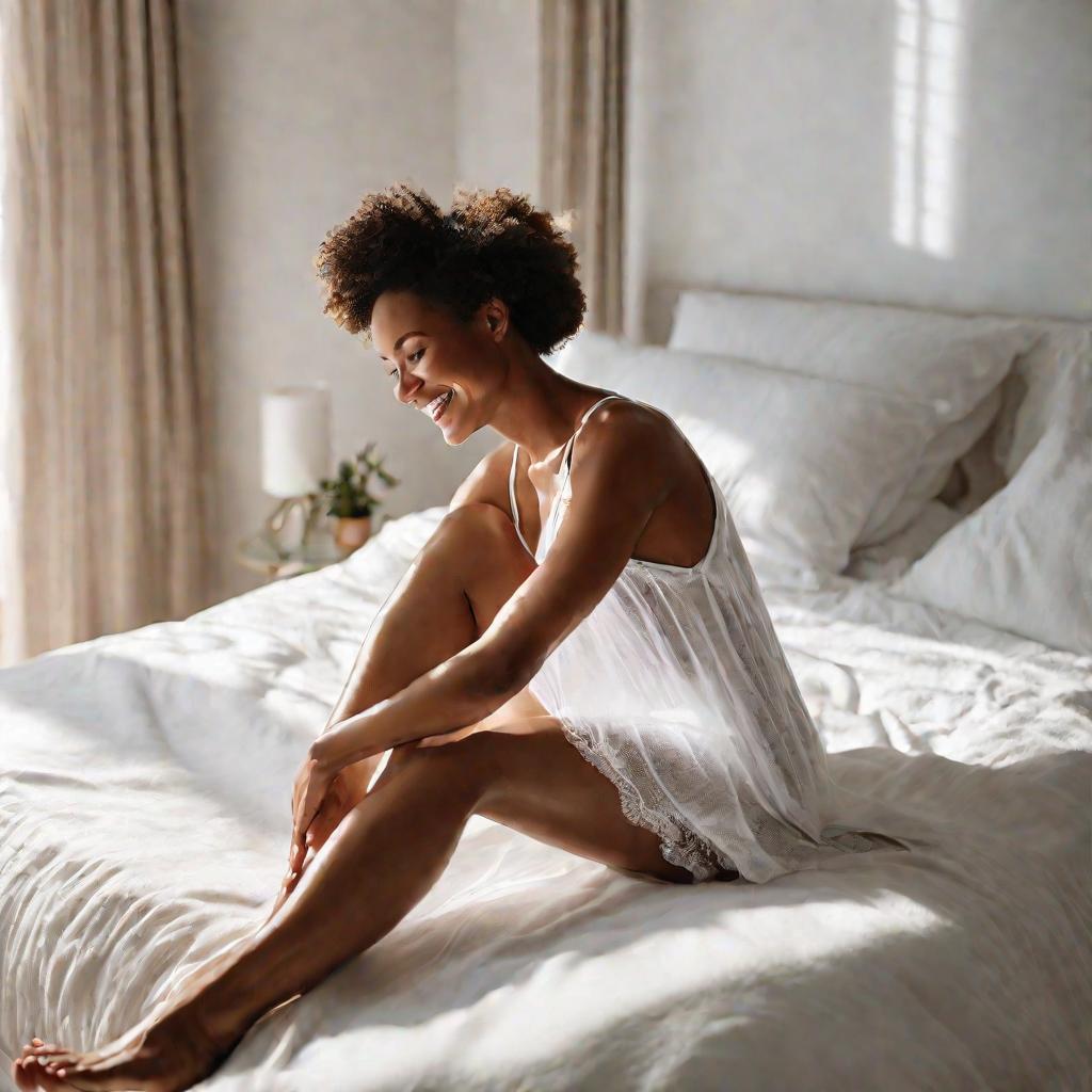 Женщина наносит крем на ноги, сидя на кровати утром.