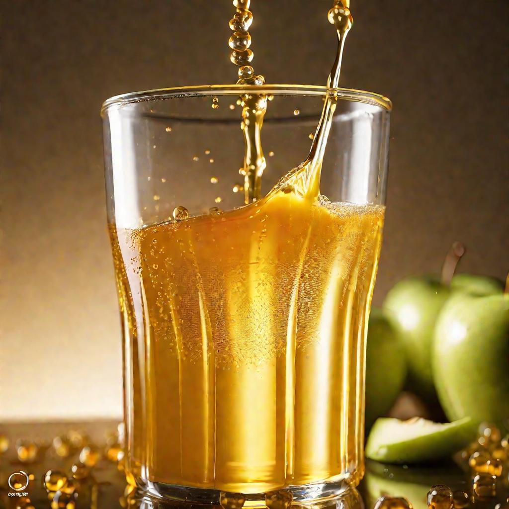 Крупный план свежевыжатого яблочного сока, льющегося в стакан, передающий золотисто-янтарный цвет и мелкие пузырьки, поднимающиеся к поверхности. Мягкое студийное освещение высвечивает стакан, создавая приятные блики.