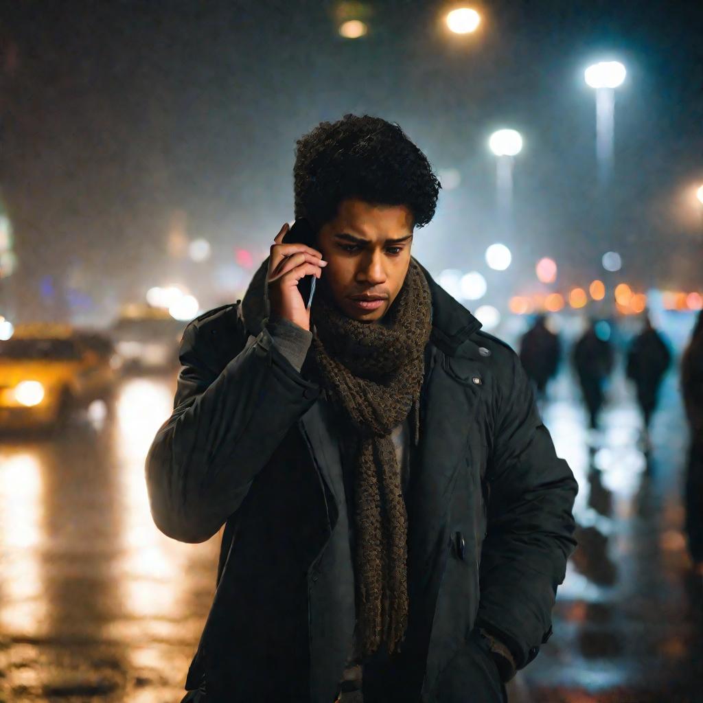 Широкий кинематографический кадр: молодой человек срочно разговаривает по телефону идя по оживленному тротуару в туманный вечер. Размытые огни города и машины вокруг него, люди идут мимо кутаясь в зимние пальто и шарфы.