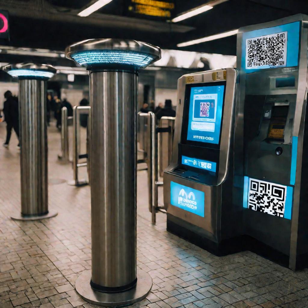 Крупный план снизу турникета метро с наклейкой QR-кода для оплаты билета