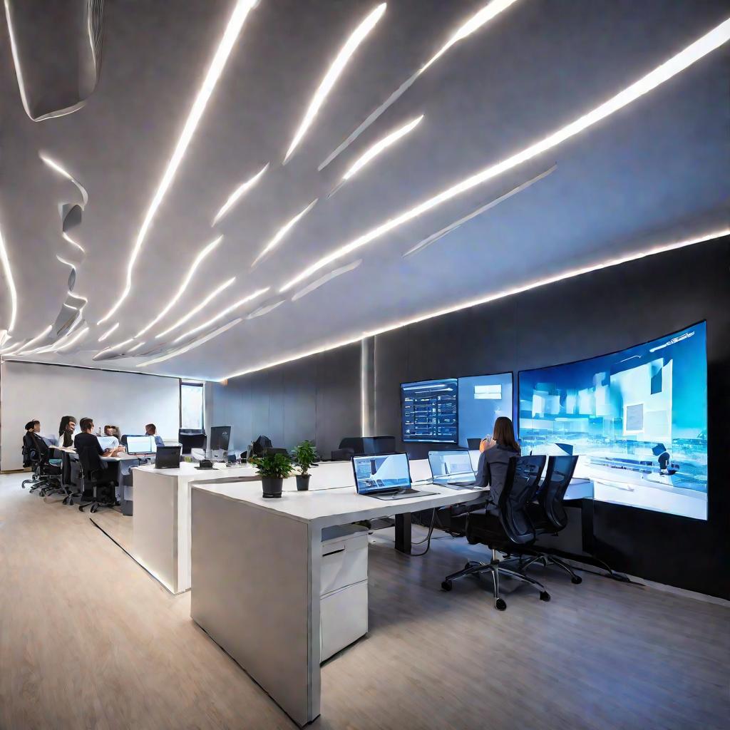 Интерьер современного высокотехнологичного офиса, люди работают за компьютерами, переговорная комната с презентацией на большом экране, светодиодные ленты на стенах. Оптимистичное настроение, хорошее естественное освещение.