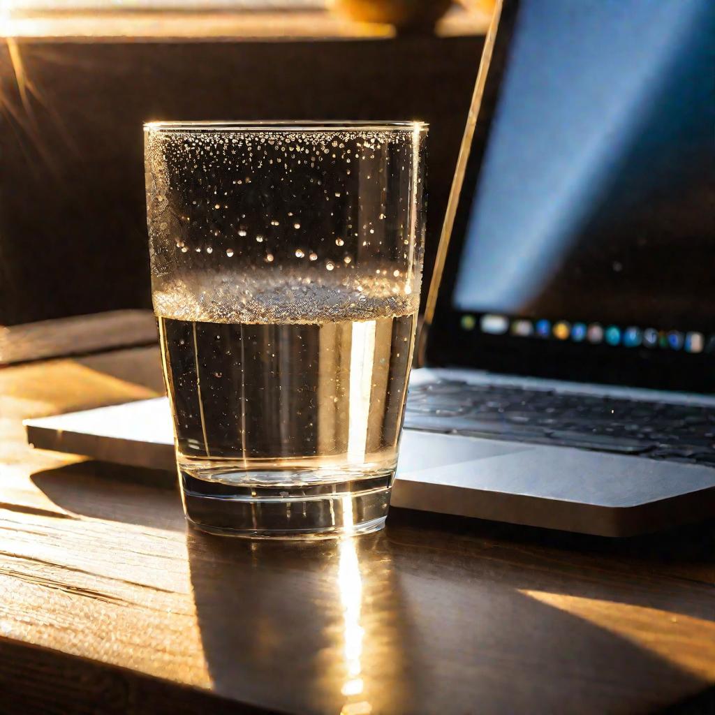 Стакан с водой на столе рядом с ноутбуком. Свет падает на стакан сверху. Золотой час, естественное освещение.