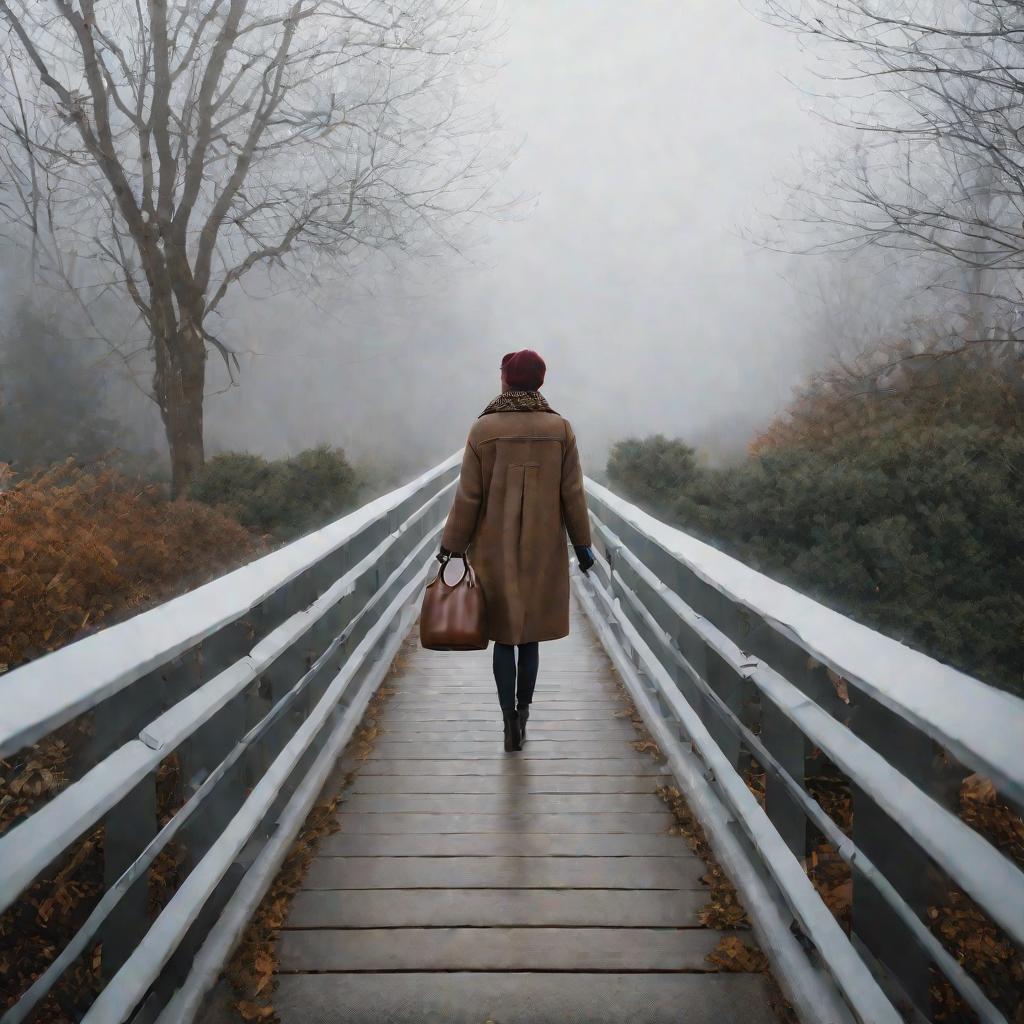 Одинокая беременная женщина идет по мосту в туманный день, не зная, что делать дальше.
