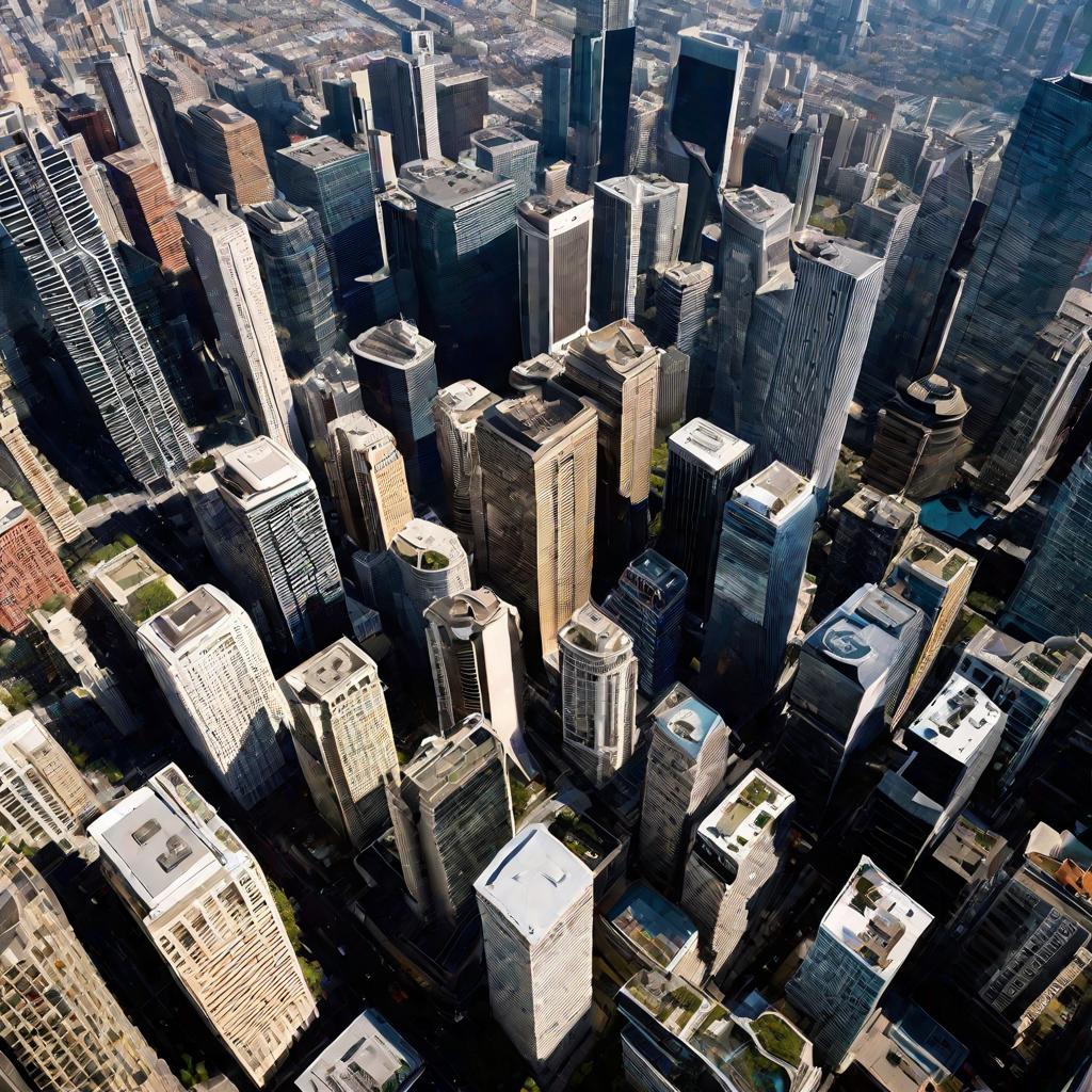 Вид сверху на большой мегаполис в солнечный день. Высокие стеклянные небоскребы, сгруппированные в деловом центре, окружены более низкими жилыми зданиями, распространяющимися в пригороды. Смесь прямоугольных городских кварталов и изогнутых дорог с автомоб