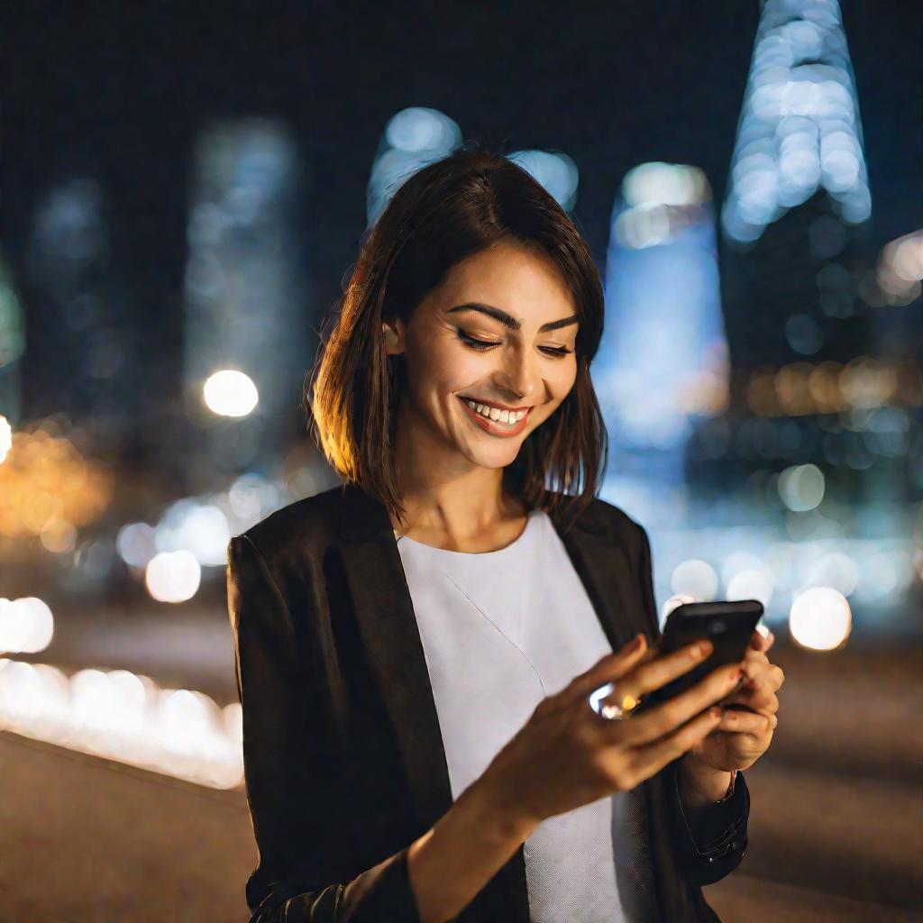 Женщина ведет видеозвонок по смартфону на фоне ночного города