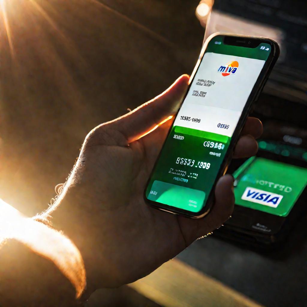 Рука держит кредитную карту над экраном смартфона с приложением для оплаты Мотив