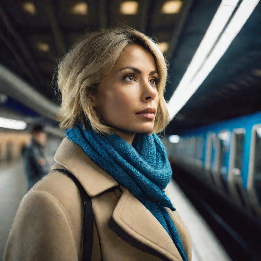 Портрет женщины, ожидающей поезд в метро.
