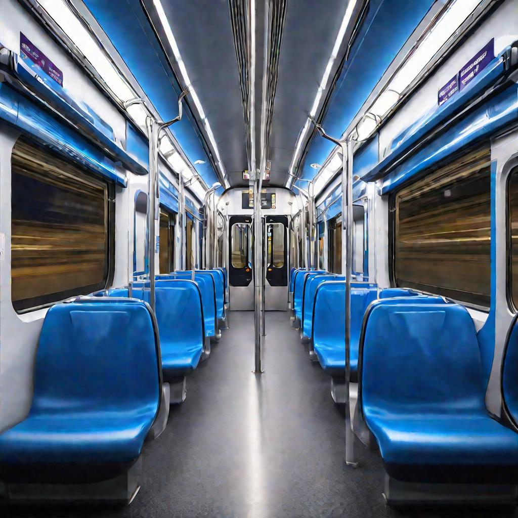 Вид изнутри вагона движущегося метро.