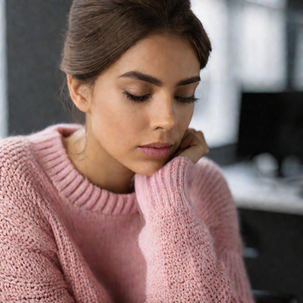 Портрет молодой женщины в розовом свитере, задумчиво смотрящей вниз в офисе при мягком естественном освещении