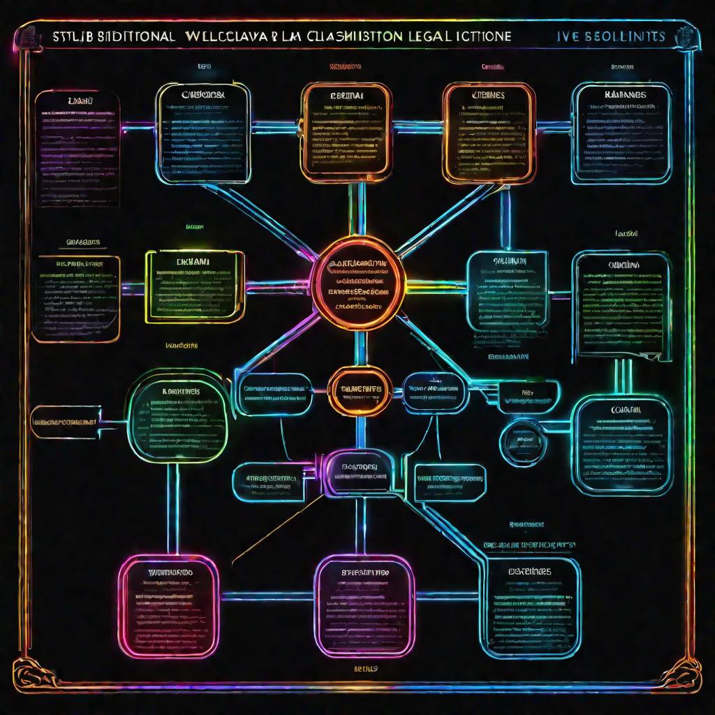 Стилизованная схема в виде разветвляющейся диаграммы, представляющая классификацию правовых институтов, с основными ветвями, помеченными конституционное право, гражданское право, уголовное право, и подветвями и листьями, помеченными конкретными правовыми 