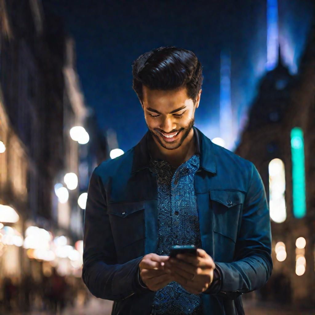 Молодой человек ночью стоит с телефоном, глядя в приложение Теле2 для управления услугой «Мелодия звонка». Экран подсвечивает его улыбающееся лицо синеватым светом.