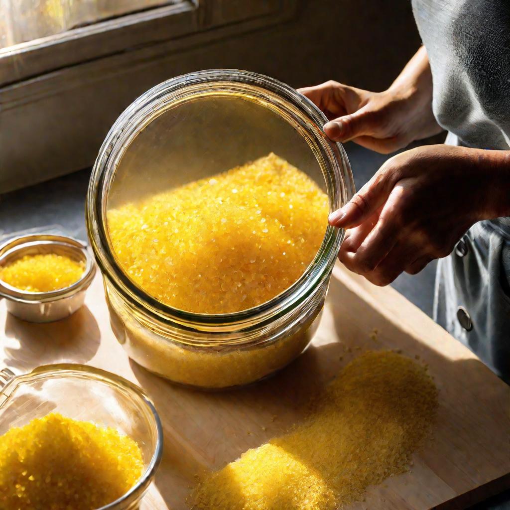 Руки кондитера, посыпающие желтым сахаром корж для пирога.