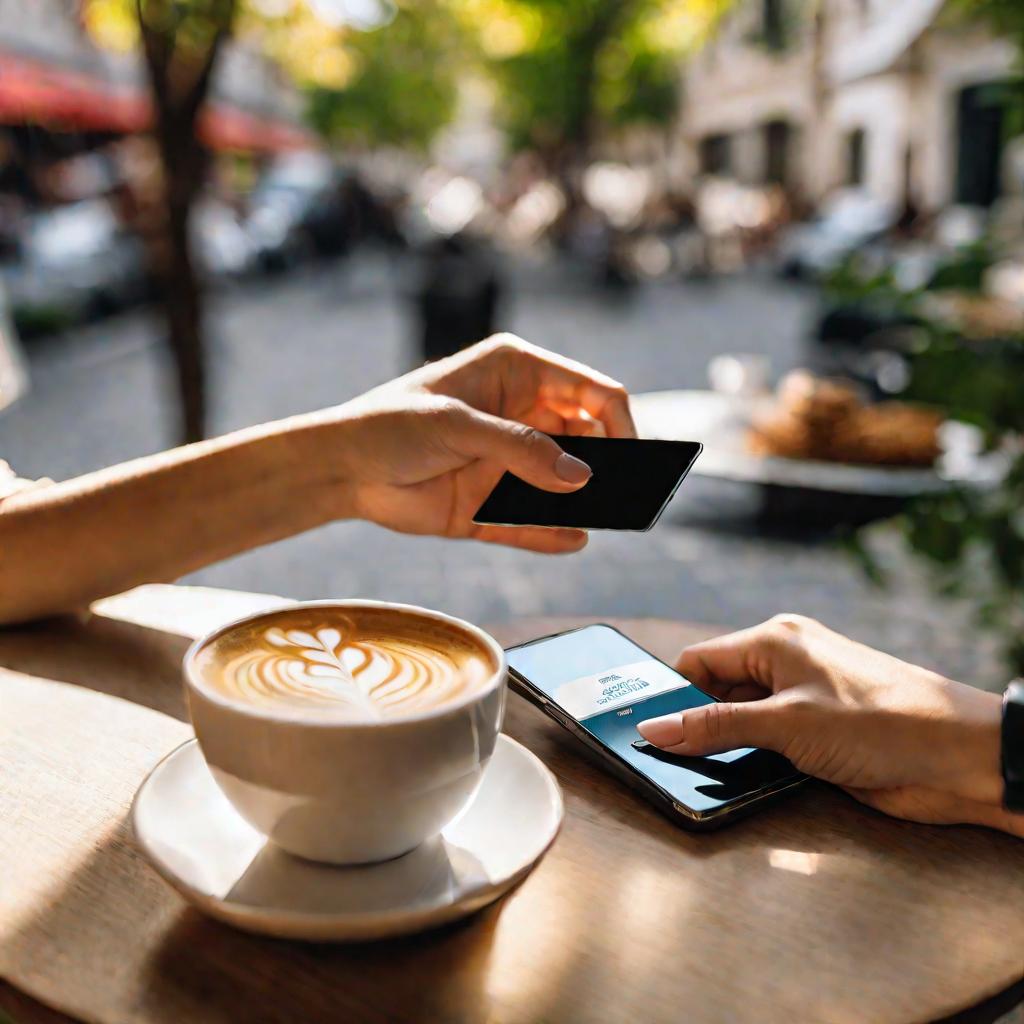 Женщина оплачивает счет телефона картой в кафе на улице